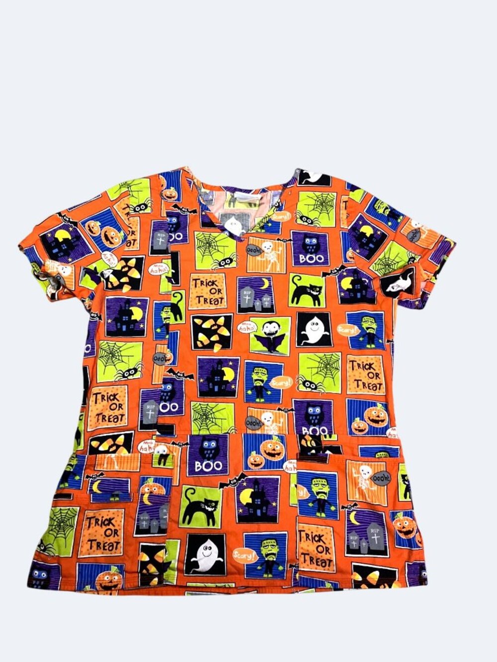 Scrubstar Halloween Themed V-Neck Scrub Top With Colorful Graphics Size M